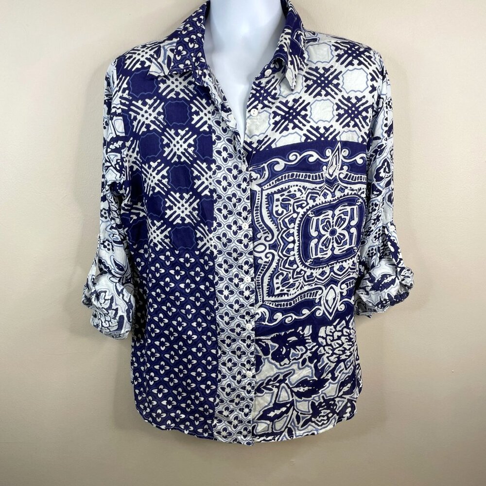 New Direction Womens Coastal Beachy Top Size XL Blue Patchwork Print Roll Tab